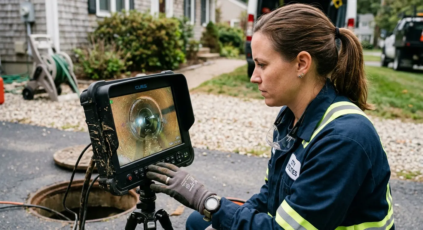 Technician reviewing sewer camera inspection footage in Clifton Park