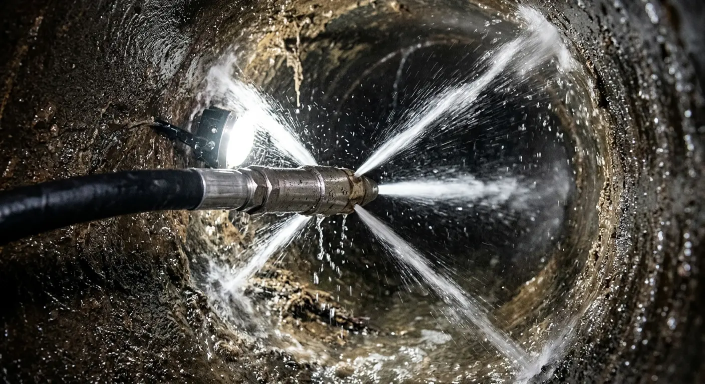 High-pressure hydro jetting nozzle cleaning sewer pipe for Trenchless Sewer Repair in Clifton Park