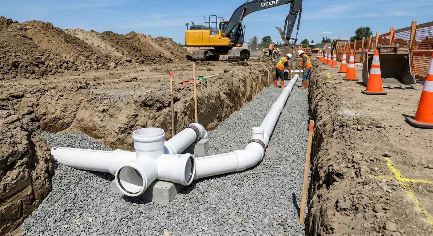 New PVC sewer pipe installation in open trench for Commercial Drain Cleaning in Clifton Park