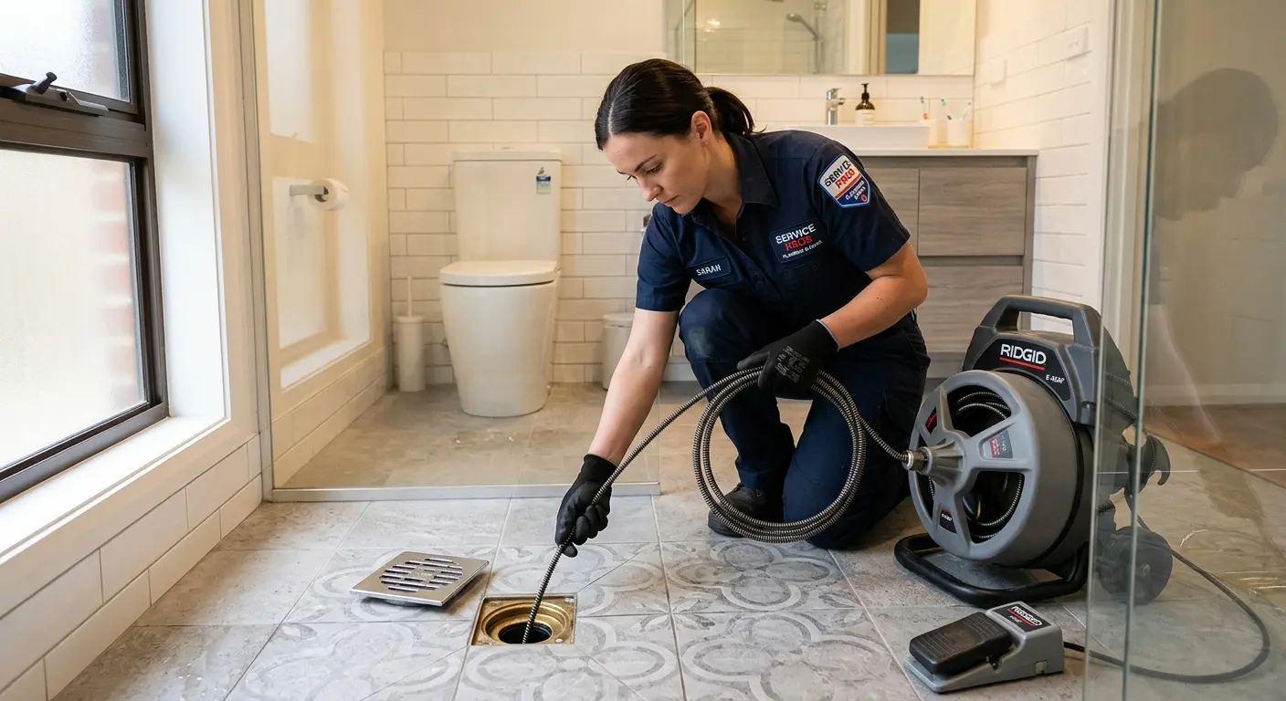 Technician clearing a bathroom floor drain for Hydro Jetting in Clifton Park
